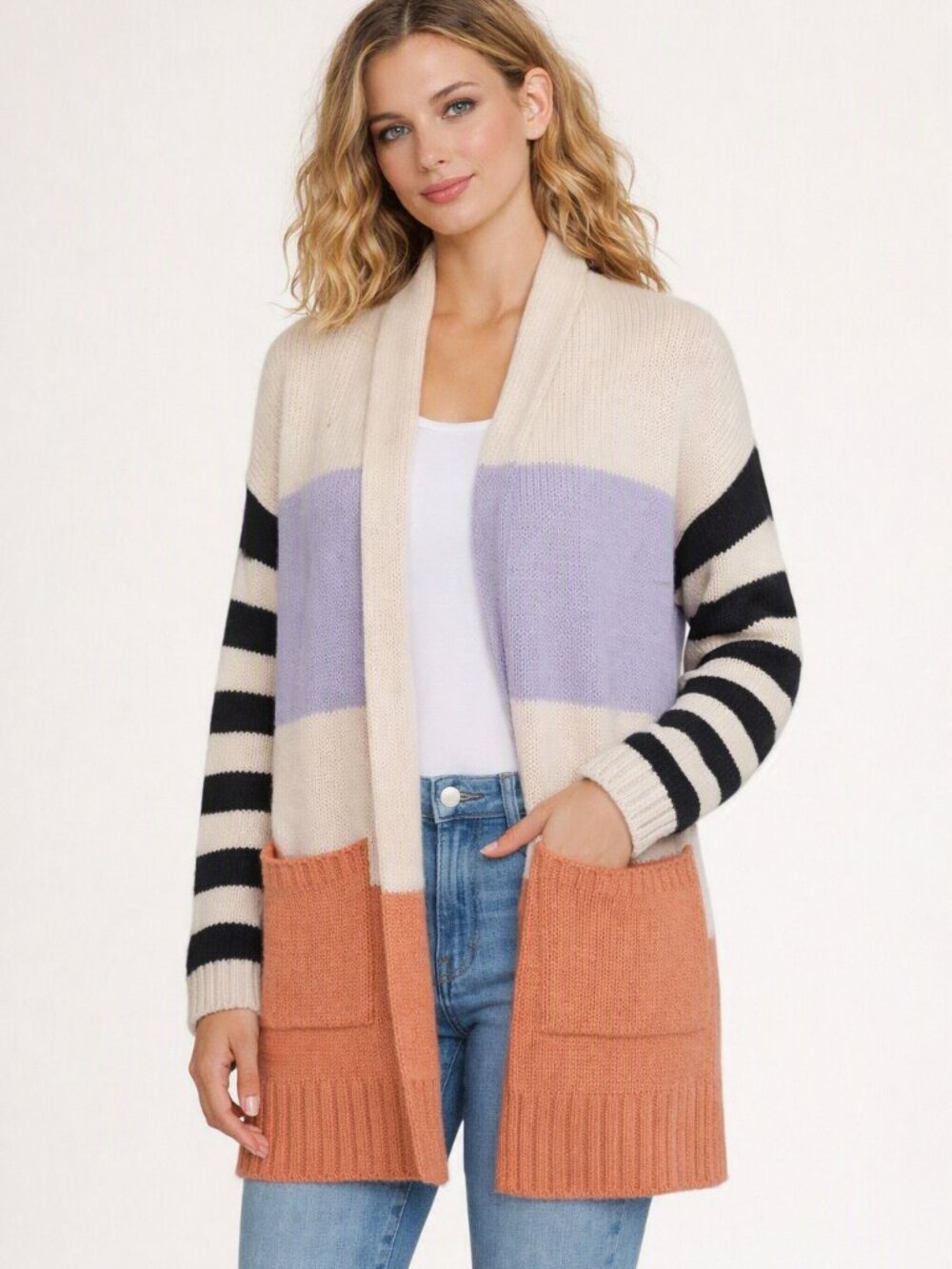 Wanna B Colorblock Cream Black Cardigan Long Open Front Boho Knit Pockets L